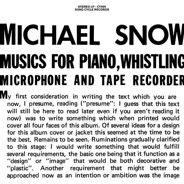 Michael Snow - Musics for Piano, Whistling, Microphone and Tape Recorder 2xLP